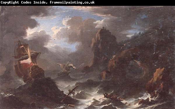 unknow artist A coastal landscape with shipping in a storm,figures shipwrecked in the foreground